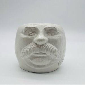 Handmade Funny Mustached Man Face Pot Planter Signed DEM